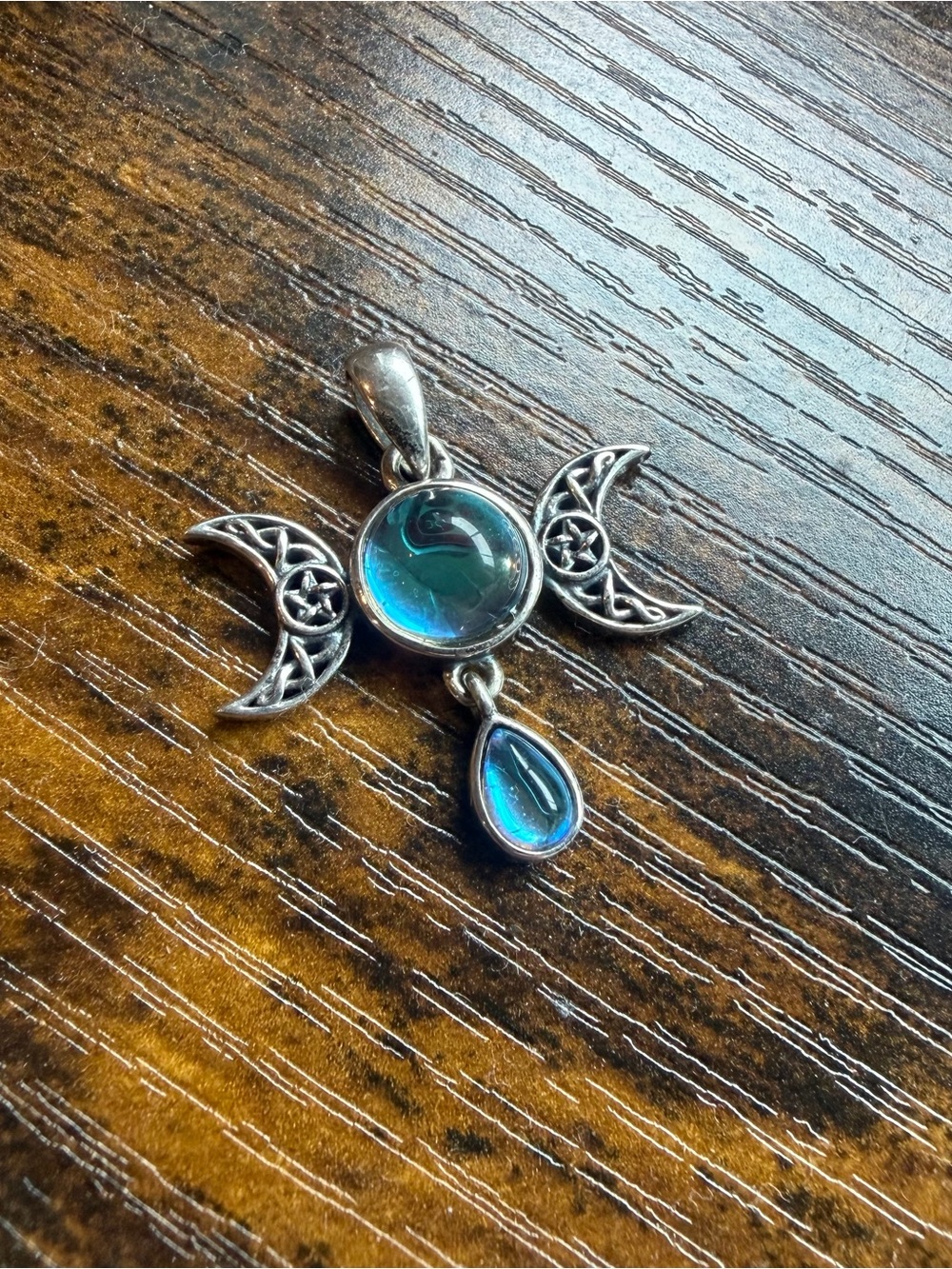 Sterling Silver Triple Moon Blue Stone Pendant